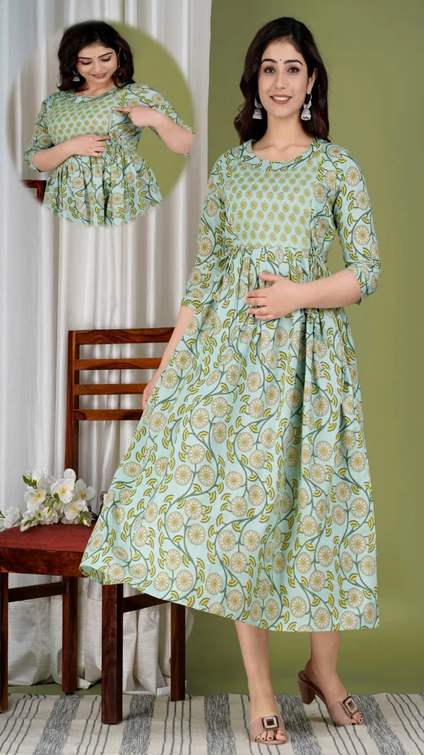 Womens_Green_Floral_Print_Gathered_Maternity_Dress