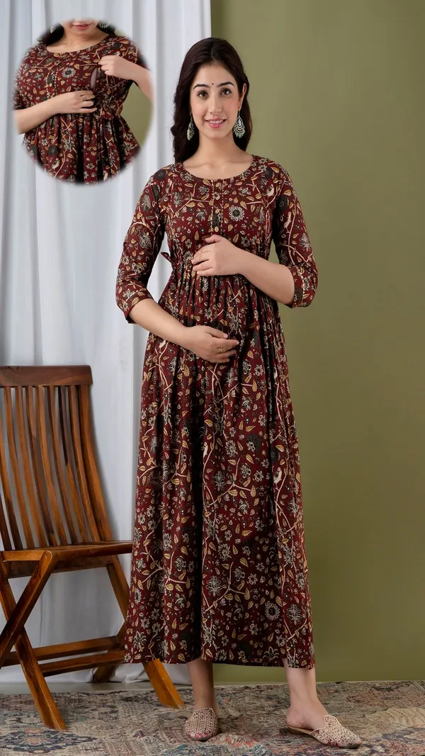 Brown_Floral_Print_Maternity_Maxi_Dress_With_Three_Quarter_Sleeves