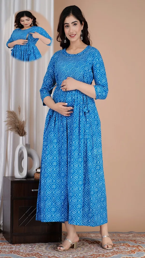 Blue_Bandhani_Print_Maternity_Dress_With_Feeding_Access