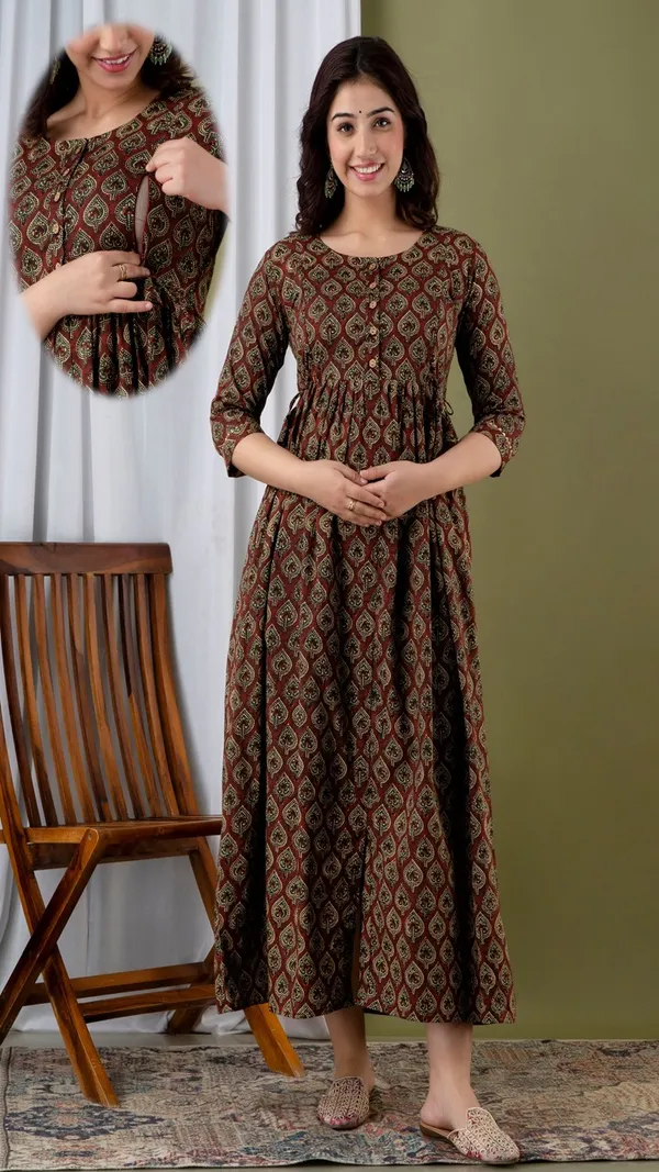 Brown_Printed_Flared_Maternity_Maxi_Dress_With_Three_Quarter_Sleeves