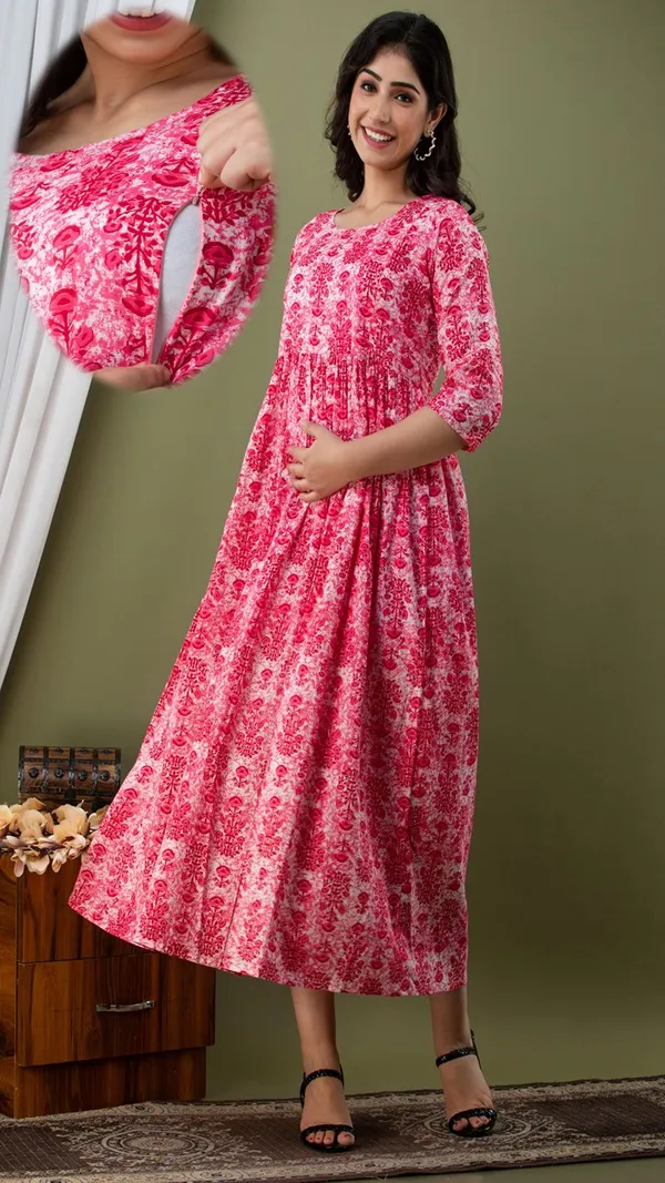 Pink_Floral_Print_Gathered_Maternity_Dress_With_3/4_Sleeves