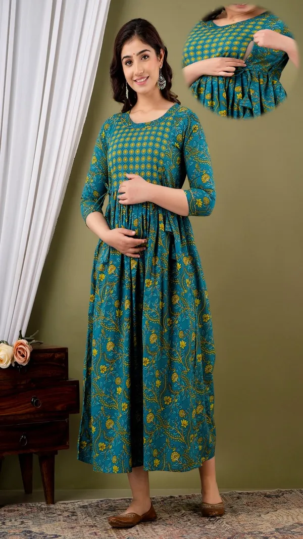Womens_Teal_Green_Floral_Print_Maternity_Dress