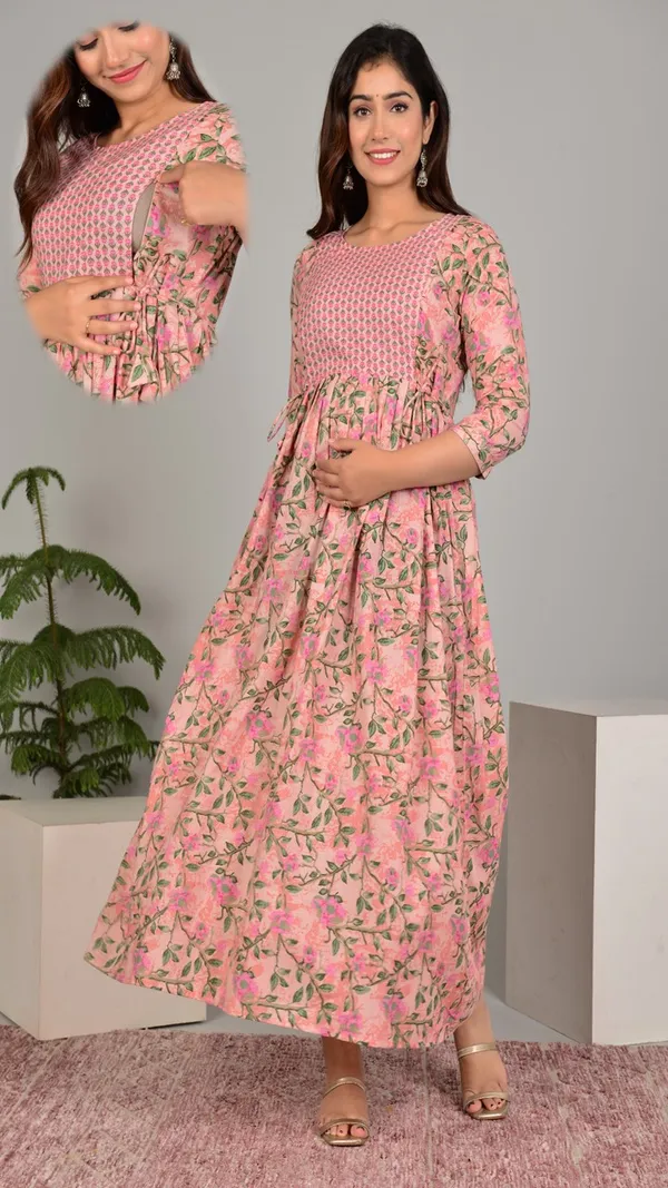 Pink_Floral_Smocked_Maternitymaxi_Dress_With_3/4_Sleeves