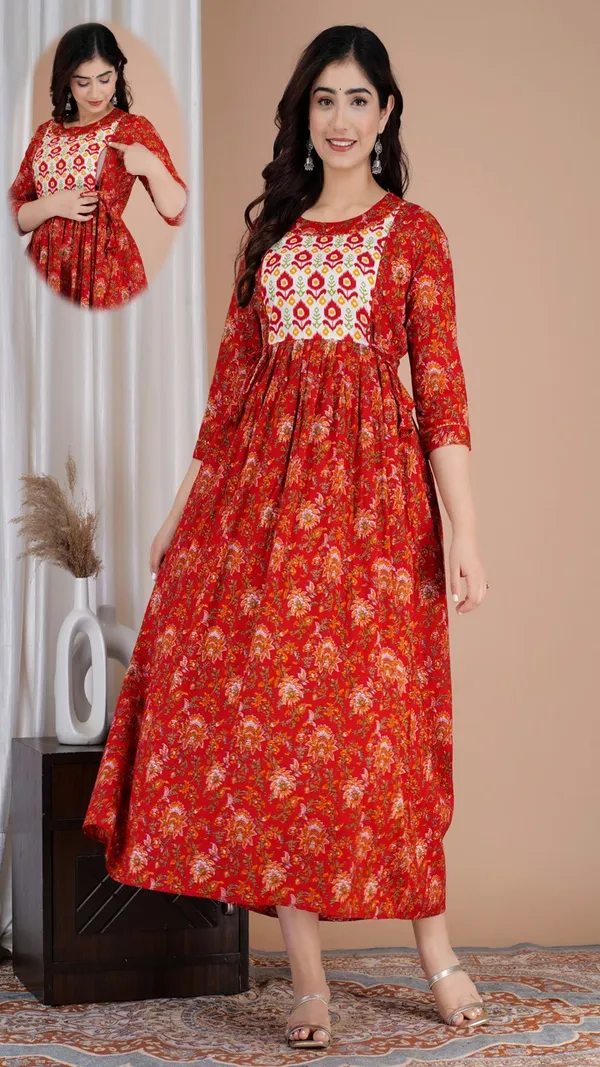 Red_Floral_Print_Ethnic_Fit_And_Flare_Maternity_Dress_With_Embroidered_Yoke