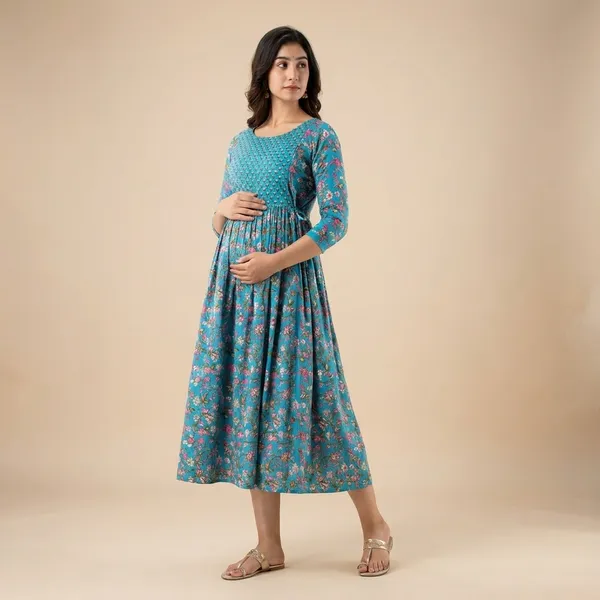 Turquoise_Floral_Print_Gathered_Maternity_Dress_With_Three_Quarter_Sleeves