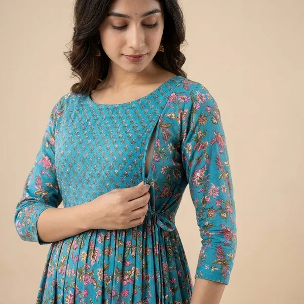 Turquoise_Floral_Print_Gathered_Maternity_Dress_With_Three_Quarter_Sleeves