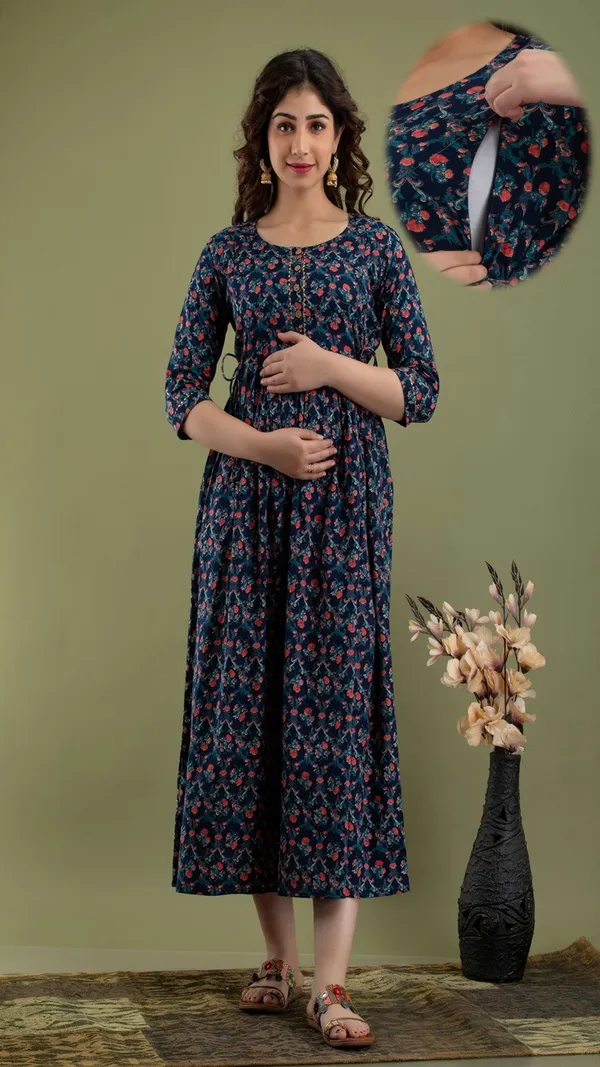 Navy_Blue_Floral_Printed_Maternity_Dress_With_Zipper_Detail