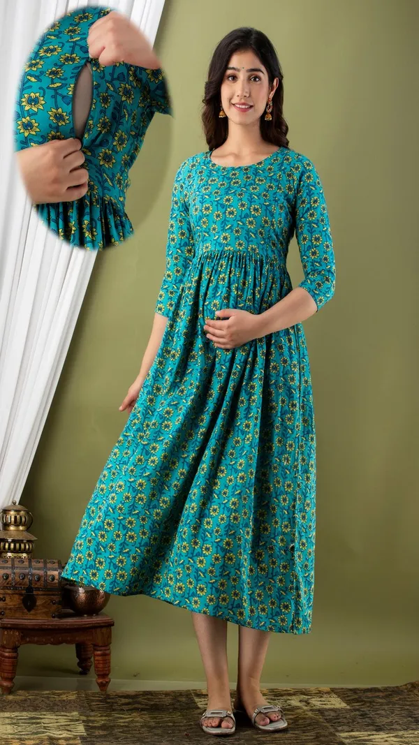 Floral_Print_Gathered_Maternity_Dress_Turquoise_Blue_With_Yellow_Flowers