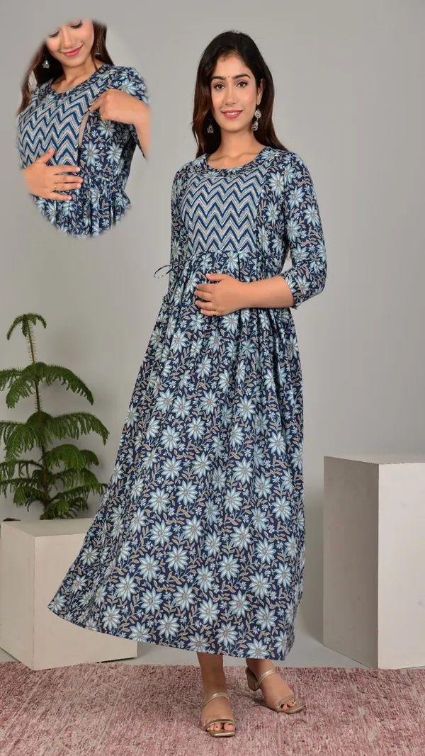 Blue_Floral_Print_Maternity_Maxi_Dress_With_Chevron_Pattern