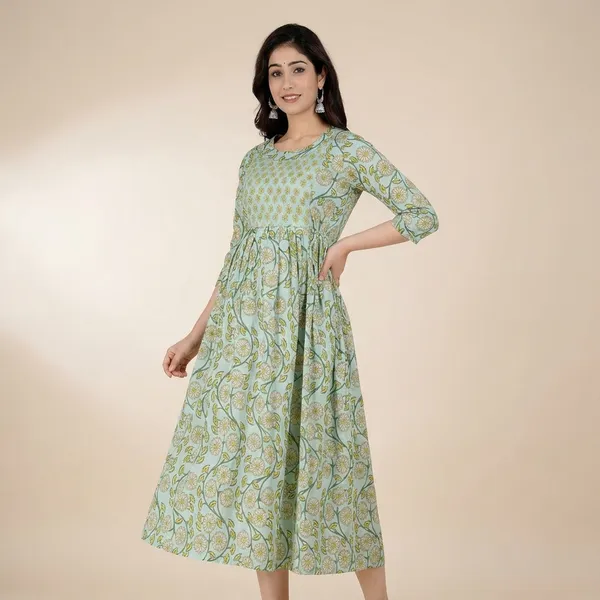 Womens_Green_Floral_Print_Gathered_Maternity_Dress