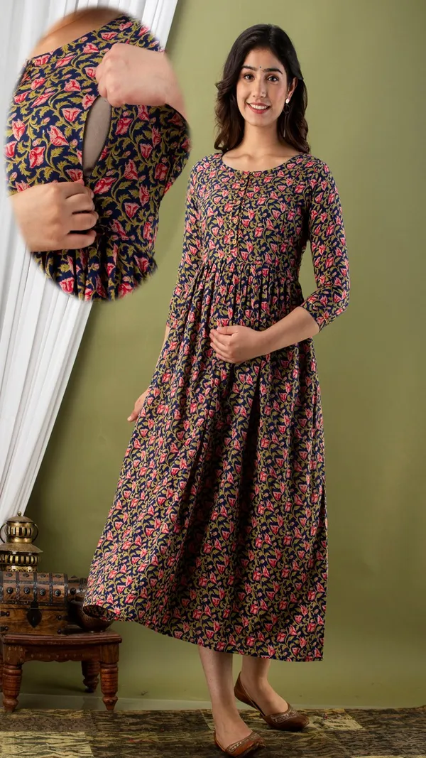 Floral_Print_Long_Sleeve_Gathered_Maternity_Dress