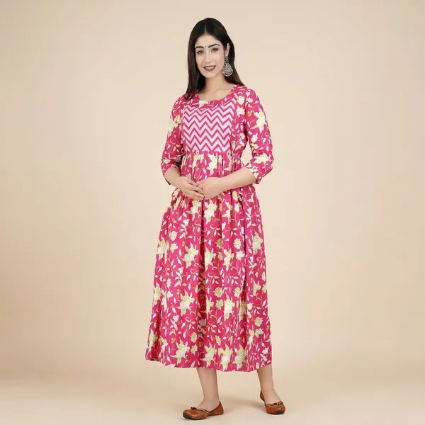 Pink_Floral_Chevron_Print_A_Line_Maternity_Dress_With_3/4_Sleeves