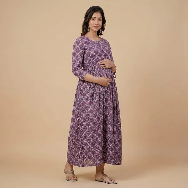 Purple_Floral_Printed_Maternity_Maxi_Dress_With_3/4_Sleeves