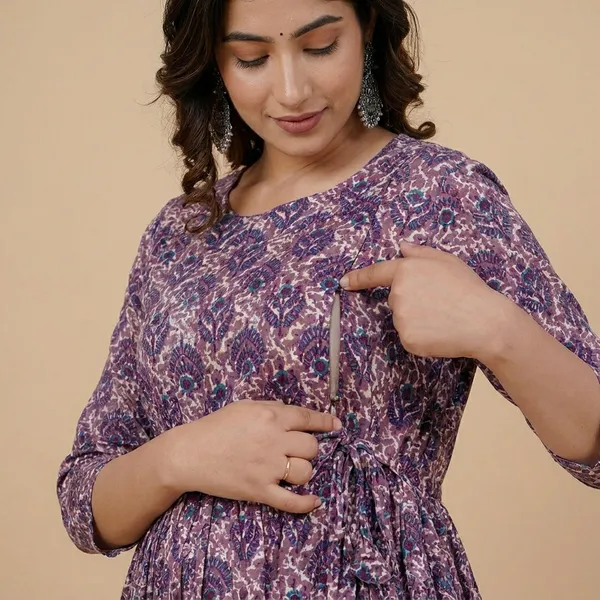Purple_Floral_Printed_Maternity_Maxi_Dress_With_3/4_Sleeves