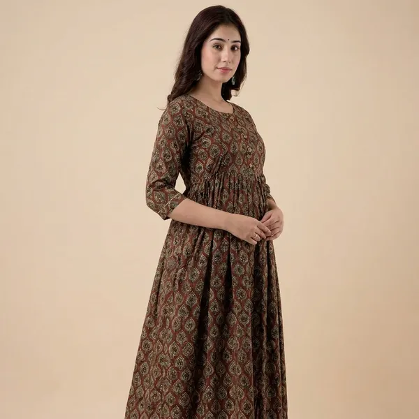 Brown_Printed_Flared_Maternity_Maxi_Dress_With_Three_Quarter_Sleeves