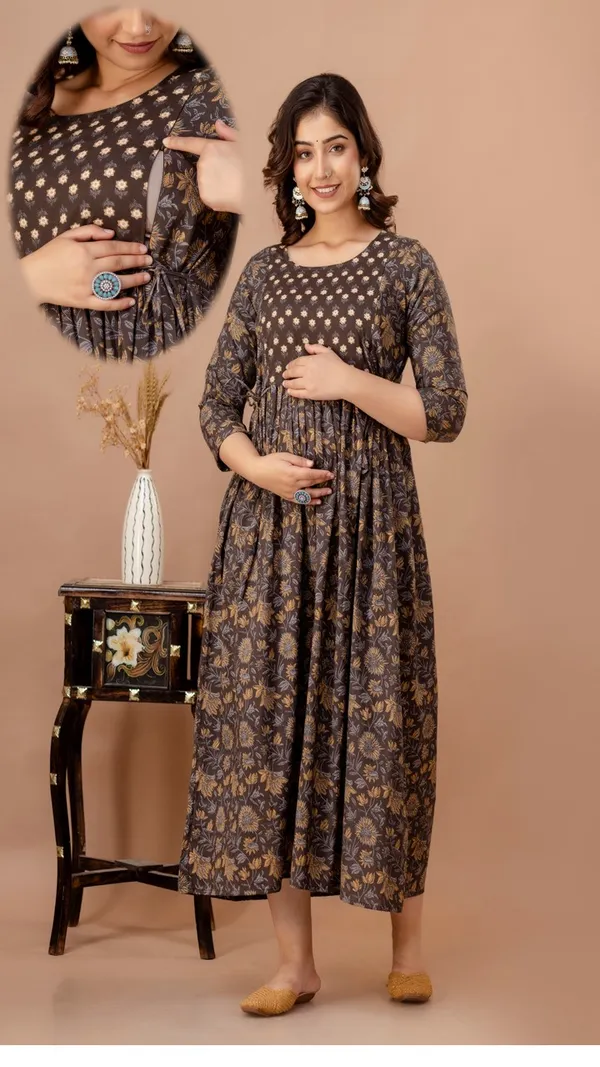 Brown_Printed_Maternity_Dress_With_Gathered_Waist