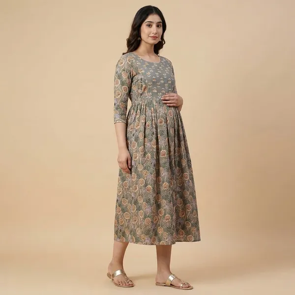 Grey_Floral_Printed_Maternity_Dress_With_Gathered_Waist
