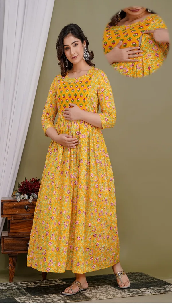 Yellow_Floral_Printed_Maternity_Maxi_Dress_With_3/4_Sleeves