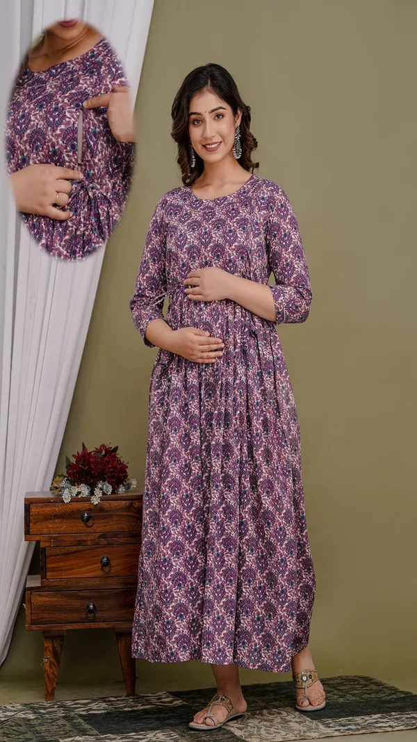 Purple_Floral_Printed_Maternity_Maxi_Dress_With_3/4_Sleeves