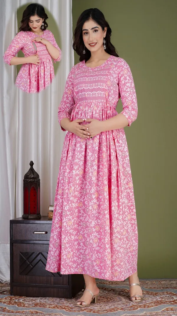 Pink_Floral_Printed_Cotton_Maternity_Dress_With_Gathered_Waist_And_Three_Quarter_Sleeves