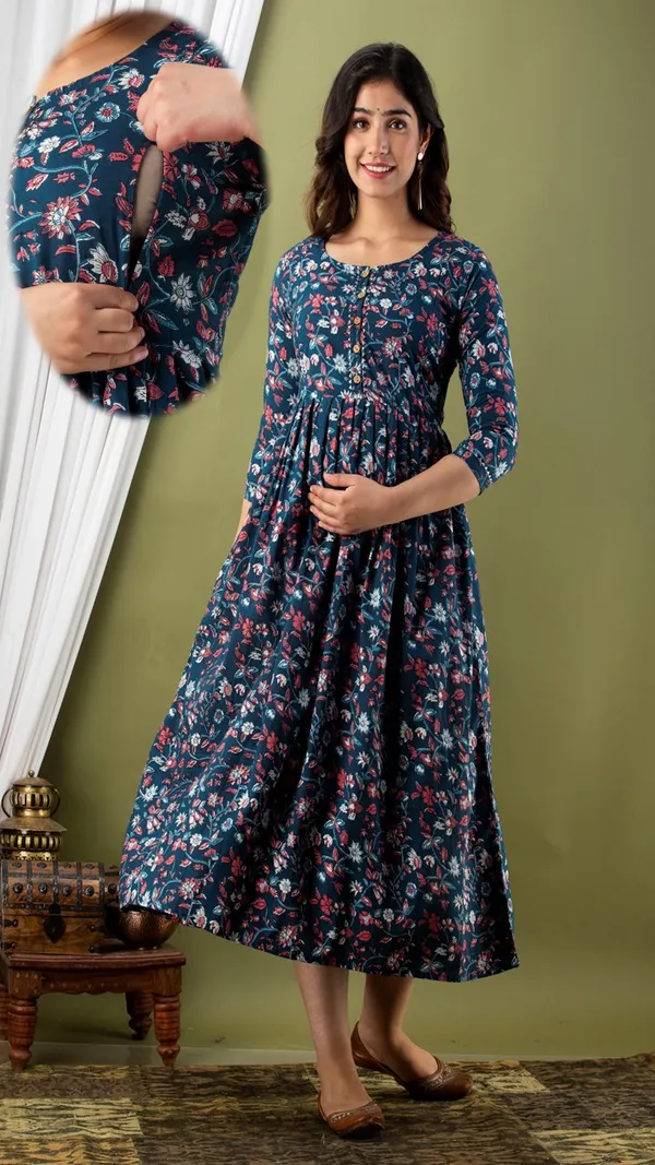 Navy_Blue_Floral_Print_Long_Sleeve_Maternity_Dress