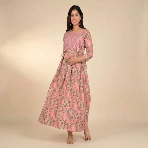Pink_Floral_Smocked_Maternitymaxi_Dress_With_3/4_Sleeves