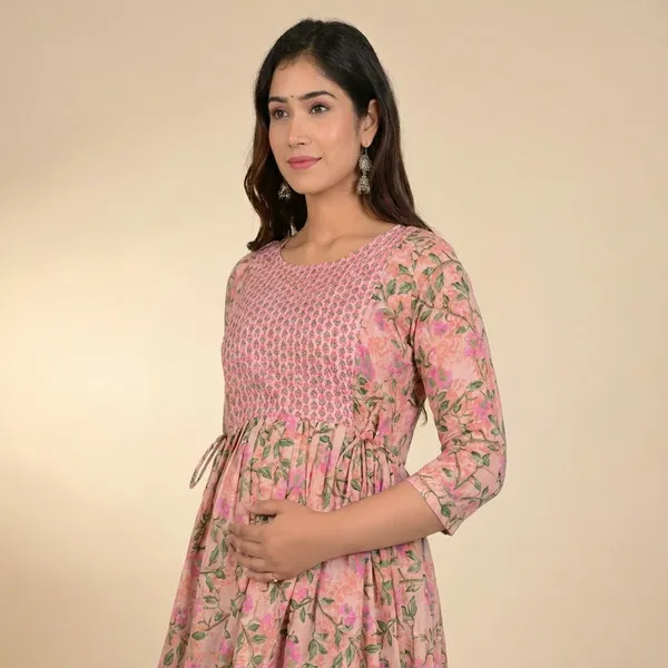 Pink_Floral_Smocked_Maternitymaxi_Dress_With_3/4_Sleeves