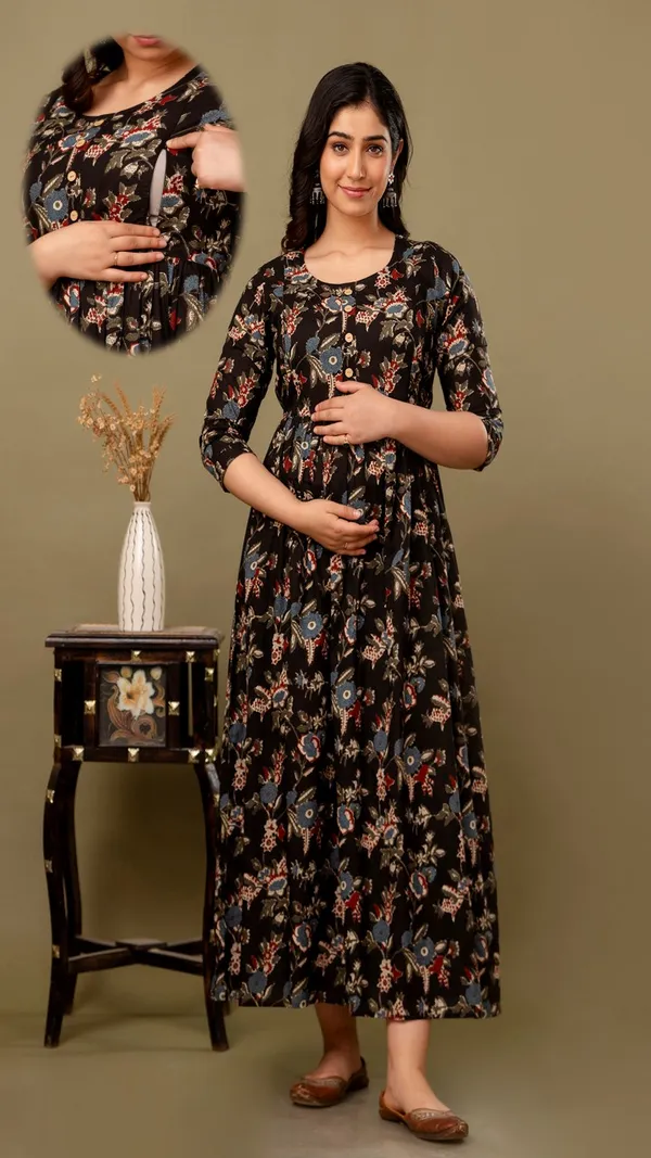 Black_Floral_Printed_Maternity_Dress_With_3/4_Sleeves