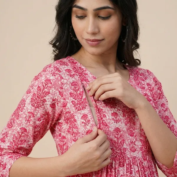 Pink_Floral_Print_Gathered_Maternity_Dress_With_3/4_Sleeves