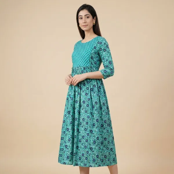 Turquoise_Floral_Print_Flared_Maternity_Nursing_Dress_With_Feeding_Access
