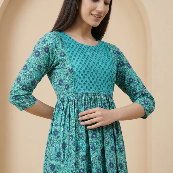 Turquoise_Floral_Print_Flared_Maternity_Nursing_Dress_With_Feeding_Access