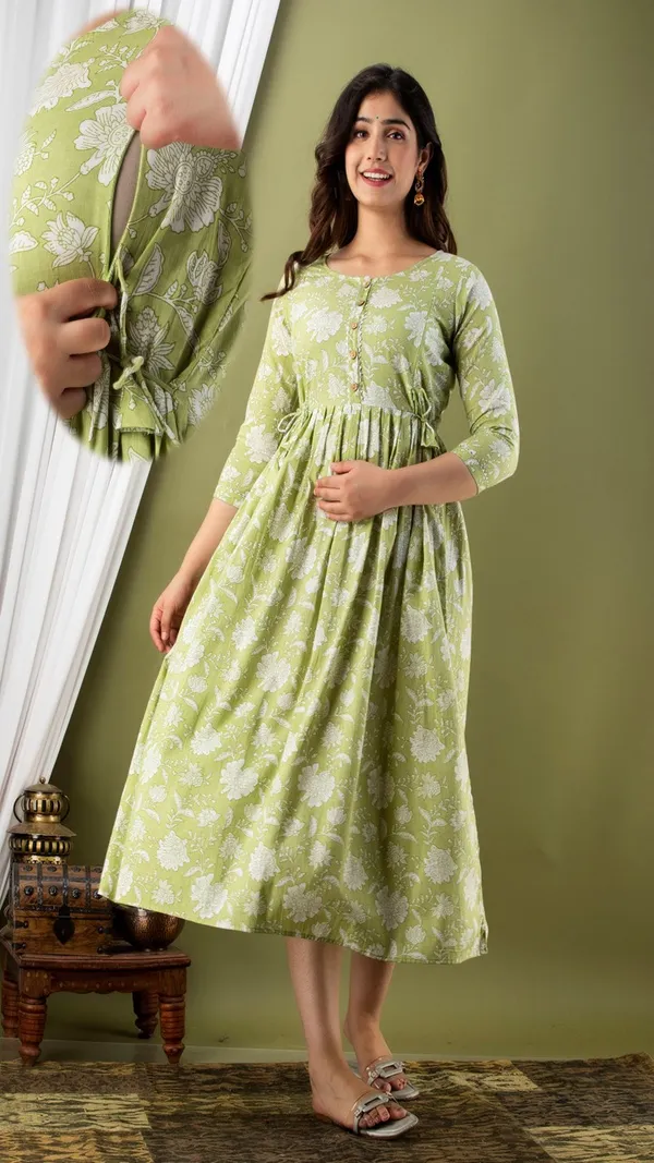 Olive_Green_Floral_Printed_Fit_And_Flare_Maternity_Dress_With_3/4_Sleeves