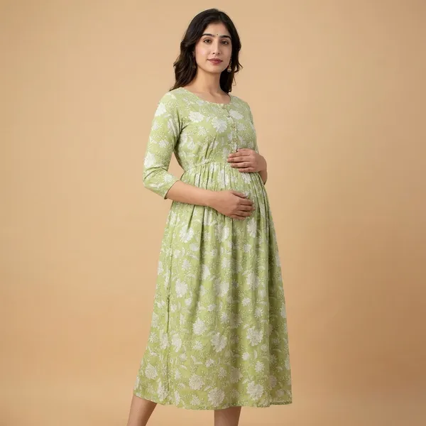 Olive_Green_Floral_Printed_Fit_And_Flare_Maternity_Dress_With_3/4_Sleeves