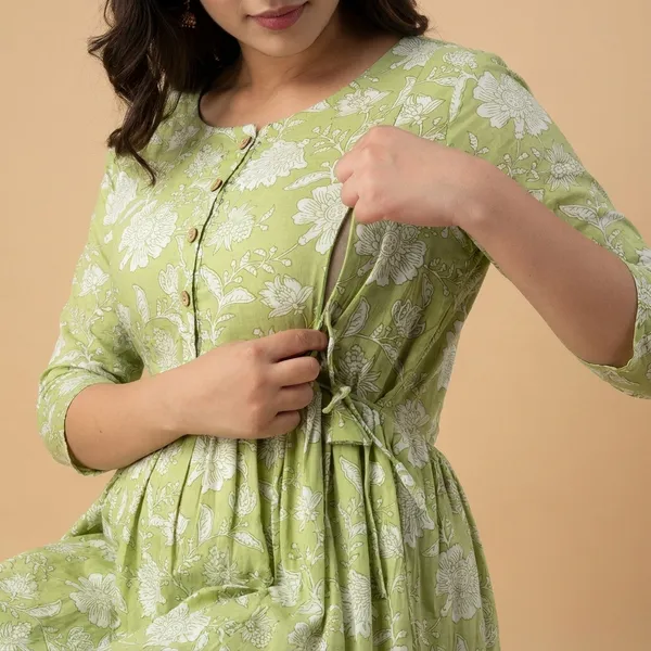 Olive_Green_Floral_Printed_Fit_And_Flare_Maternity_Dress_With_3/4_Sleeves