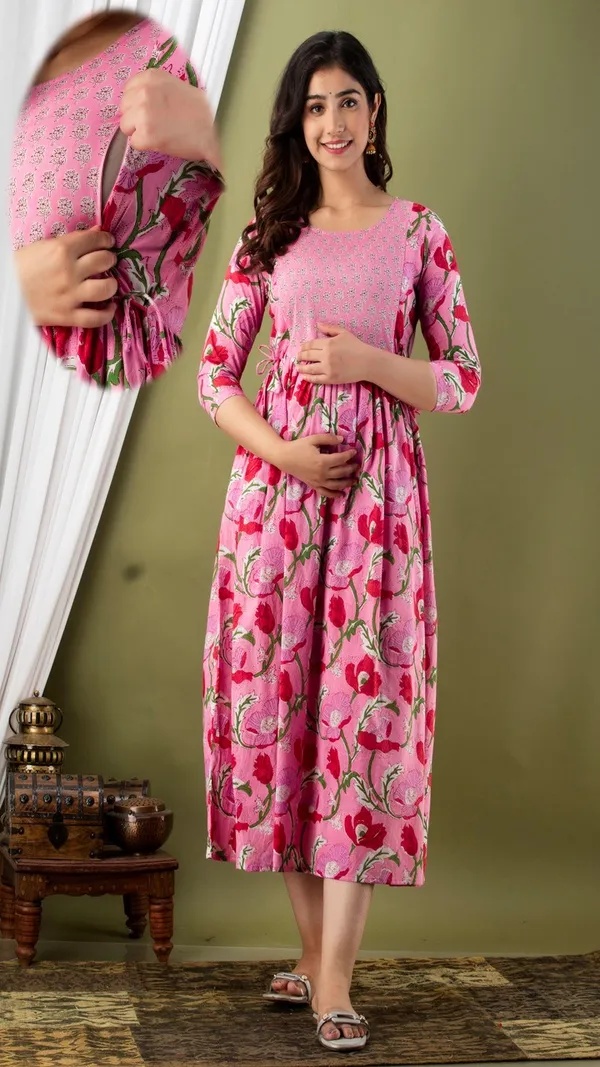 Pink_Floral_Print_A_Line_Maternity_Dress_With_Embellished_Bodice