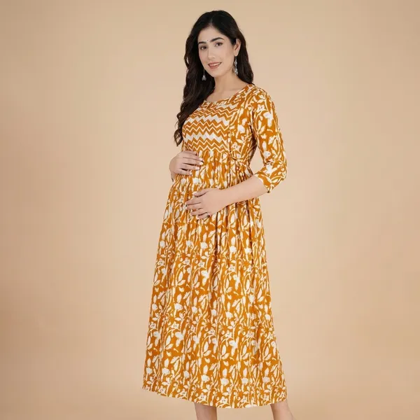 Mustard_Yellow_Printed_A_Line_Maternity_Maxi_Dress_With_Gathered_Waist_And_Three_Quarter_Sleeves