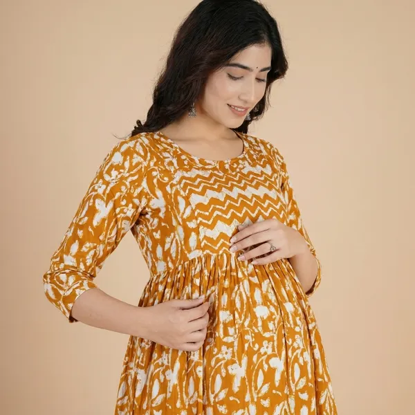 Mustard_Yellow_Printed_A_Line_Maternity_Maxi_Dress_With_Gathered_Waist_And_Three_Quarter_Sleeves