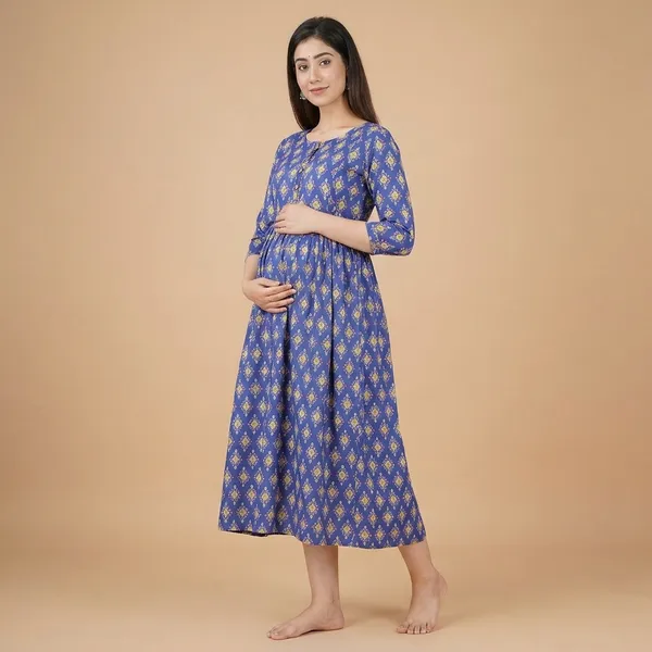 Maternity_And_Nursing_Friendly_Blue_Printed_Midi_Dress_With_Zipper_Front