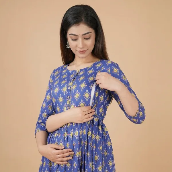 Maternity_And_Nursing_Friendly_Blue_Printed_Midi_Dress_With_Zipper_Front