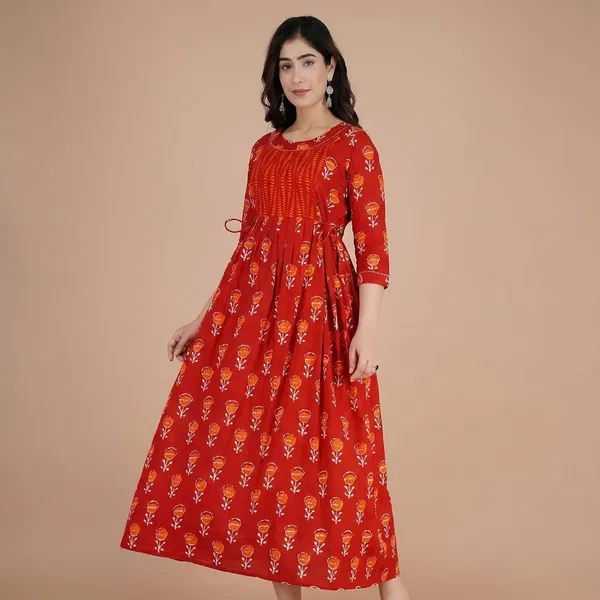 Red_Floral_Printed_Smocked_Waist_Maternity_Dress_With_3/4_Sleeves