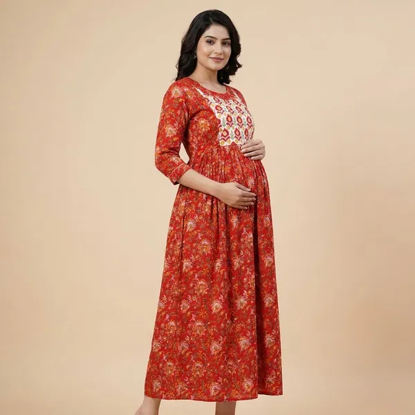 Red_Floral_Print_Ethnic_Fit_And_Flare_Maternity_Dress_With_Embroidered_Yoke