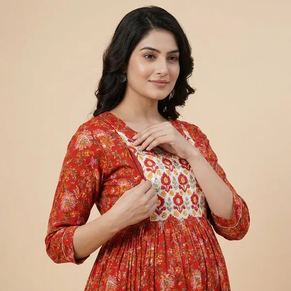 Red_Floral_Print_Ethnic_Fit_And_Flare_Maternity_Dress_With_Embroidered_Yoke