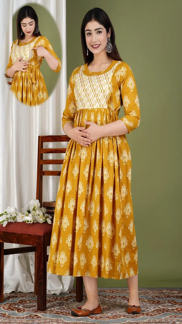 Yellow_Ikat_Print_Gathered_Fit_And_Flare_Maternity_Dress