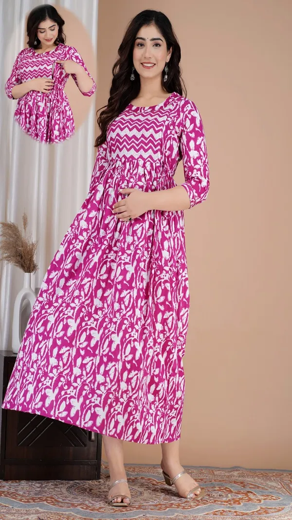 Pink_Ikat_Print_Gathered_Maternity_Maxi_Dress_With_Three_Quarter_Sleeves