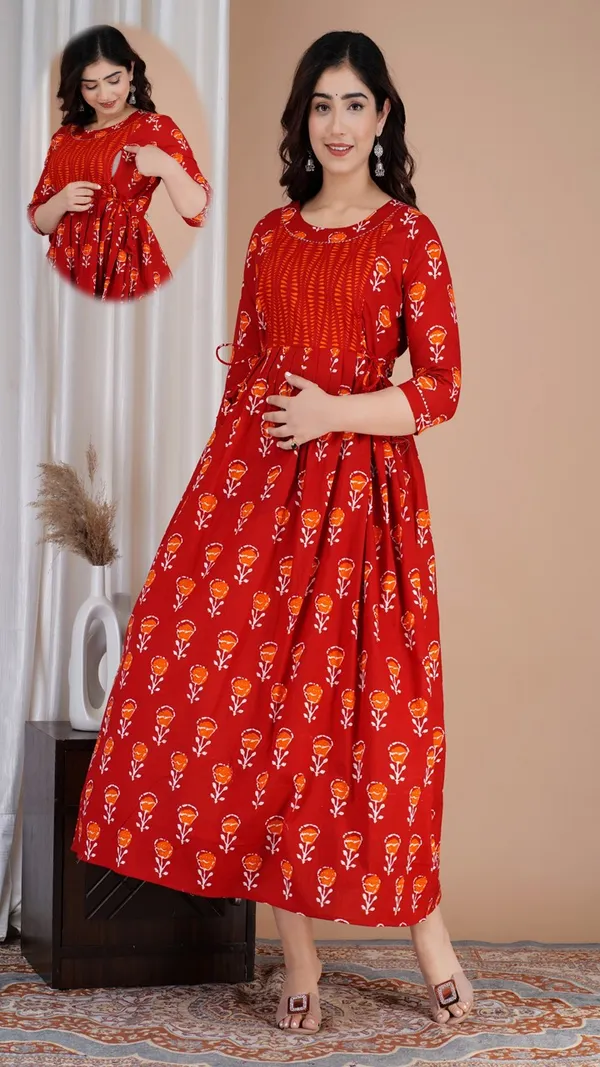 Red_Floral_Printed_Smocked_Waist_Maternity_Dress_With_3/4_Sleeves