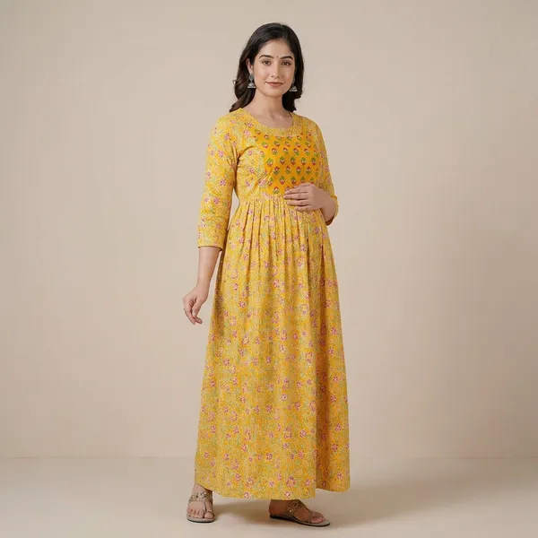 Yellow_Floral_Printed_Maternity_Maxi_Dress_With_3/4_Sleeves