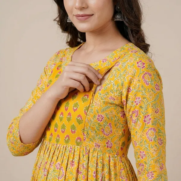 Yellow_Floral_Printed_Maternity_Maxi_Dress_With_3/4_Sleeves