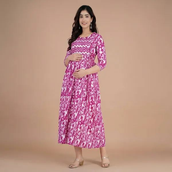 Pink_Ikat_Print_Gathered_Maternity_Maxi_Dress_With_Three_Quarter_Sleeves