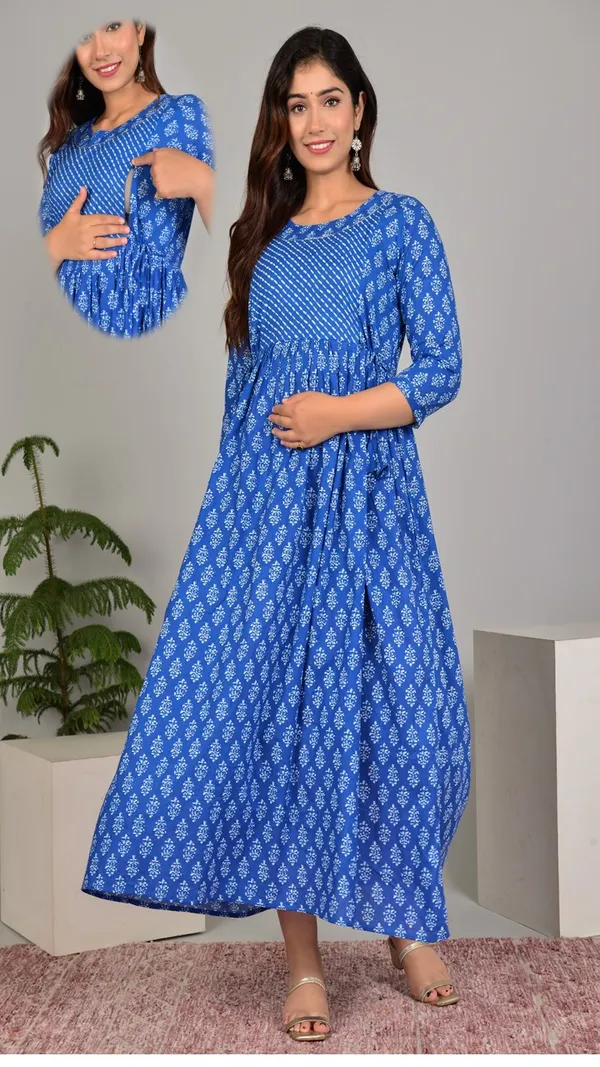Blue_Floral_Print_Maternity_Maxi_Dress_With_3/4_Sleeves