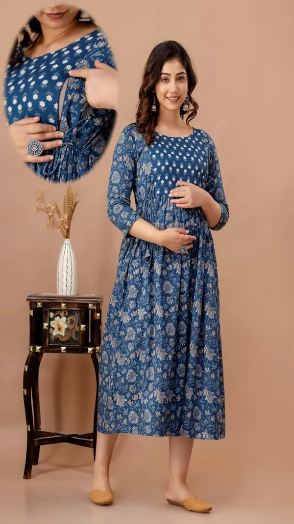 Blue_Printed_Maternity_A_Line_Dress_With_3/4_Sleeves